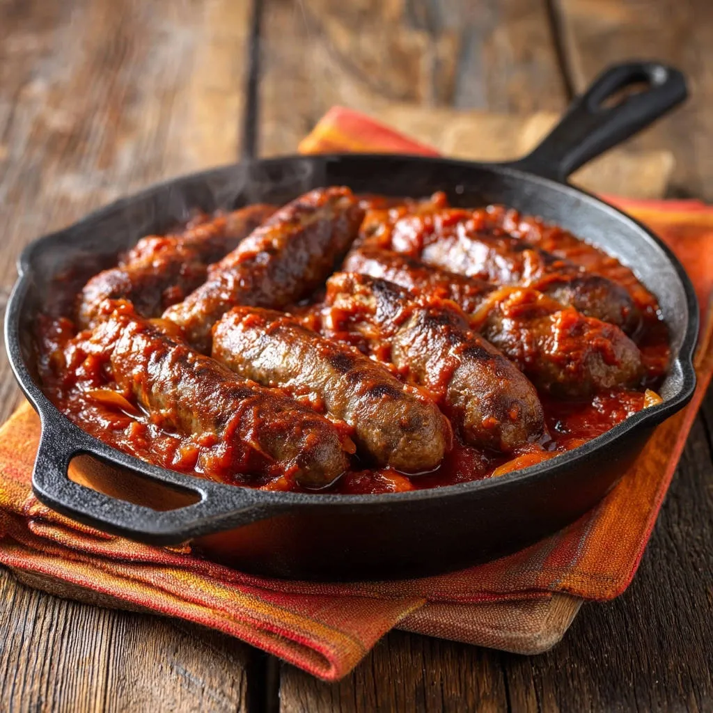 Skillet sausage and peppers served in a cast-iron pan with a rich tomato sauce, captured in a close-up view.