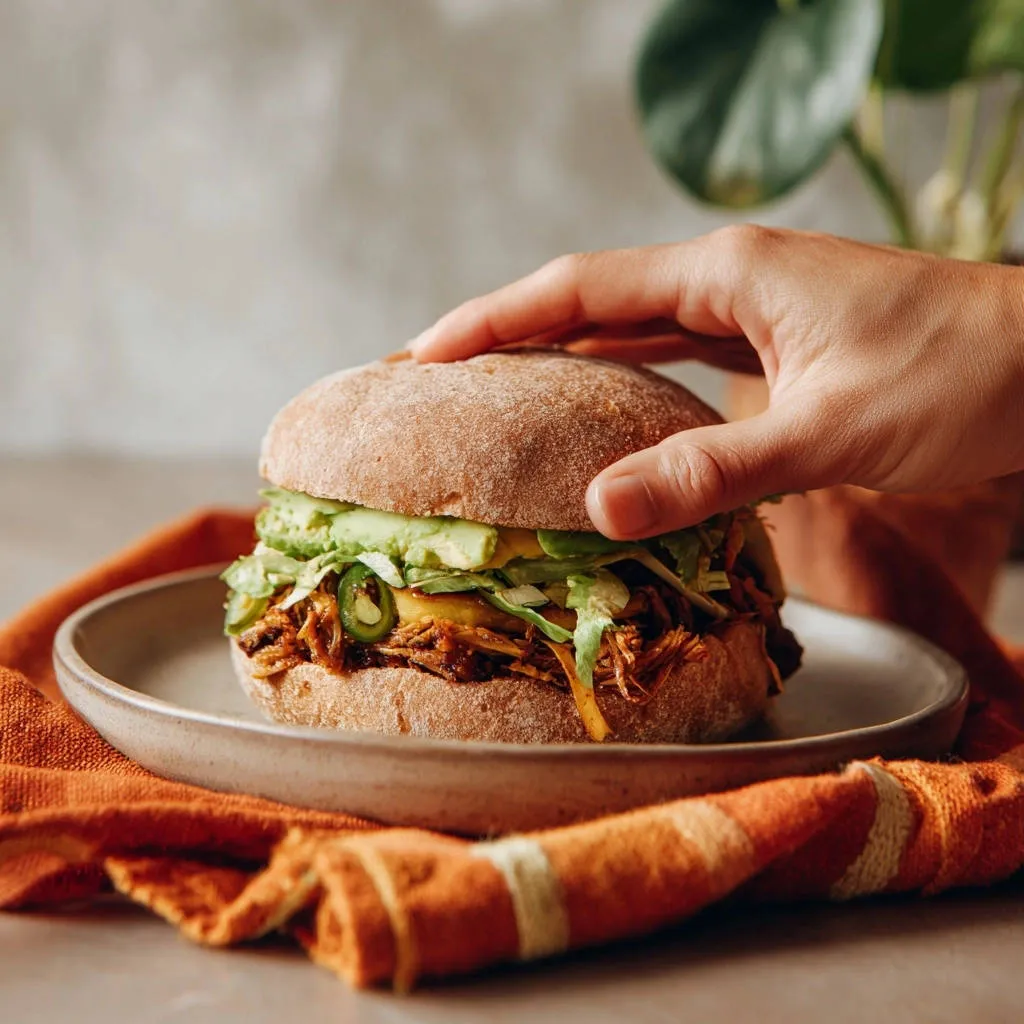 Zesty slow cooker pulled chicken sandwiches are shown with a hand gently holding the top bun, revealing fresh toppings.