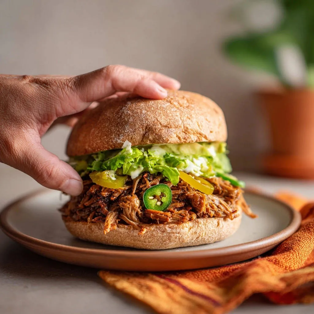 Zesty slow cooker pulled chicken sandwiches shown being held with a hand over a plate and napkin.