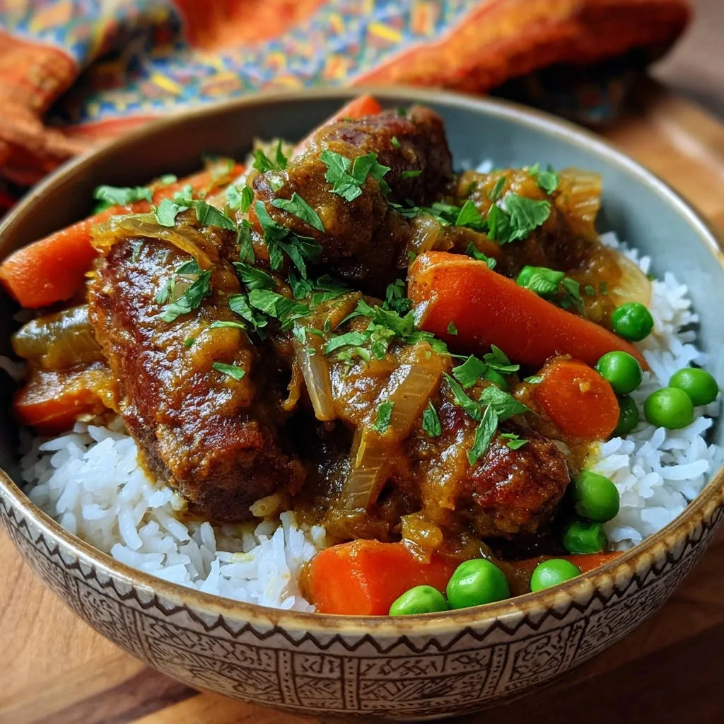 Smoked sausage and sweet potato curry skillet served in a decorative bowl, showcasing a close-up view of the hearty stew.