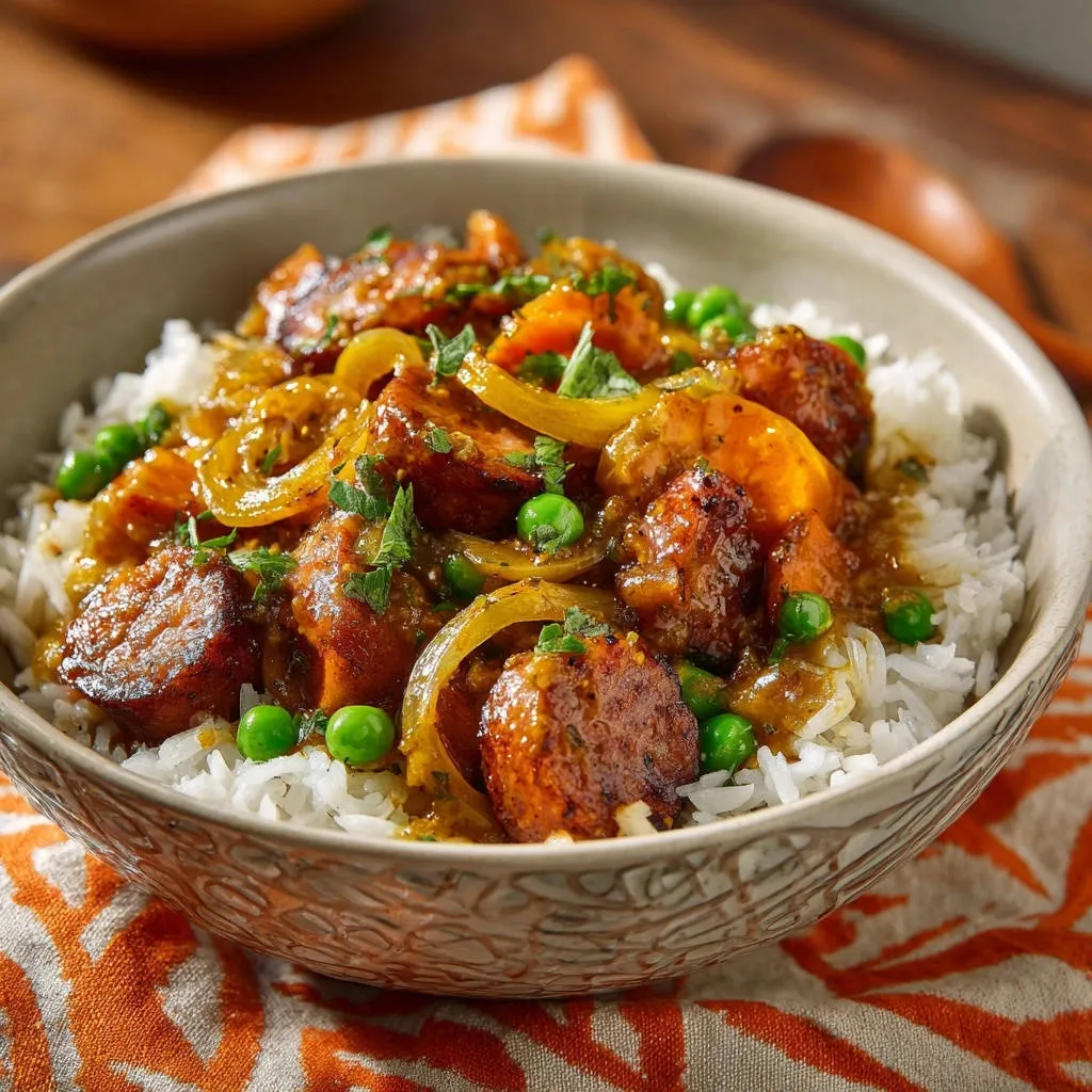 Smoked sausage and sweet potato curry skillet served in a bowl over rice, featuring peas and onions.
