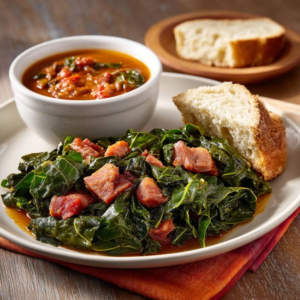 Southern-style collard greens plated with a side of bread and soup.
