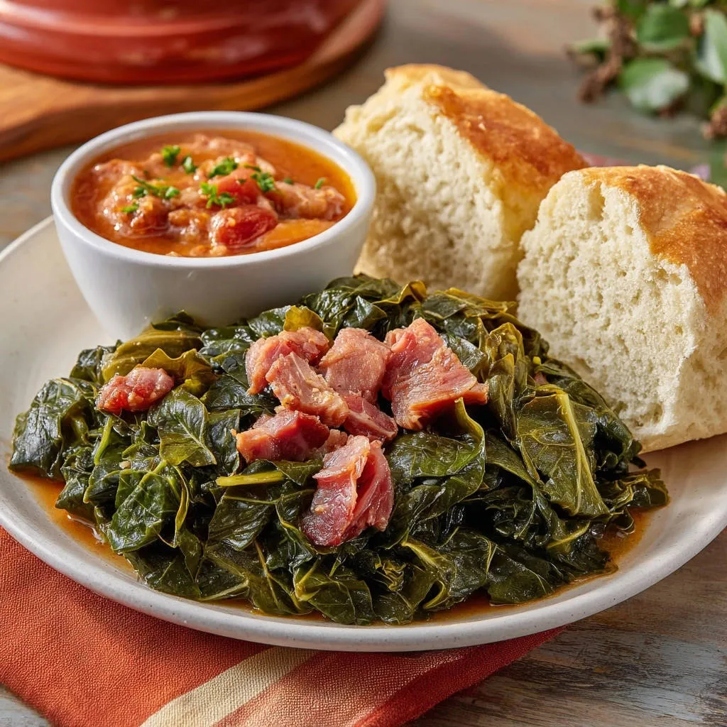 Southern-style collard greens with ham and biscuits served on a plate with a side of stew.
