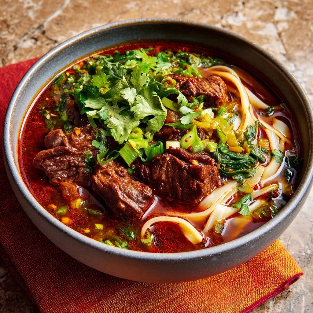 Restaurant-quality spicy beef noodle soup shown in a close-up view of a steaming bowl, highlighting the tender beef and rich broth.