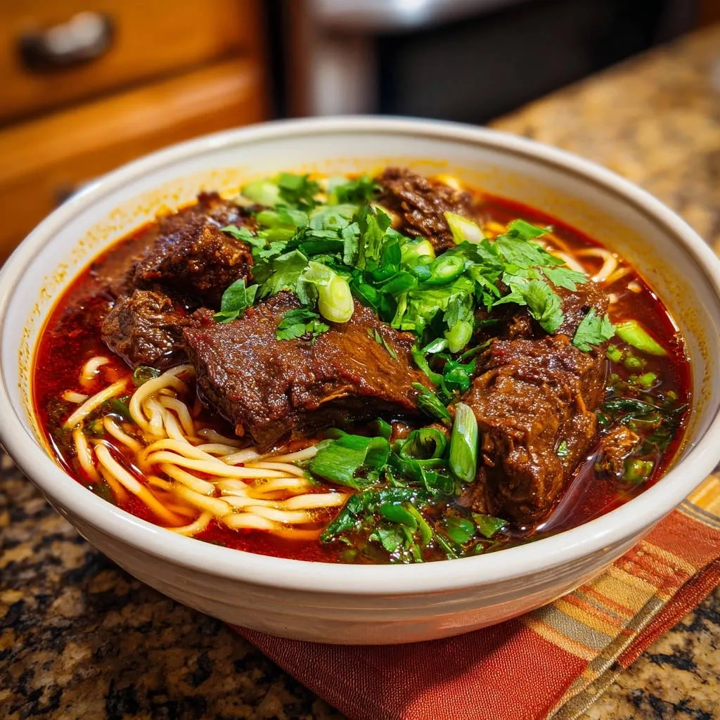 Restaurant-quality spicy beef noodle soup with tender braised beef and noodles, topped with fresh scallions.