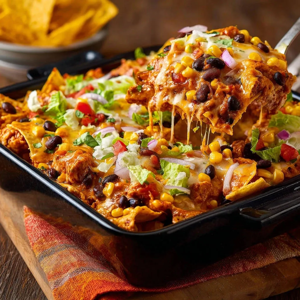 Spicy chicken enchilada casserole being served from a baking dish, with melted cheese stretching.