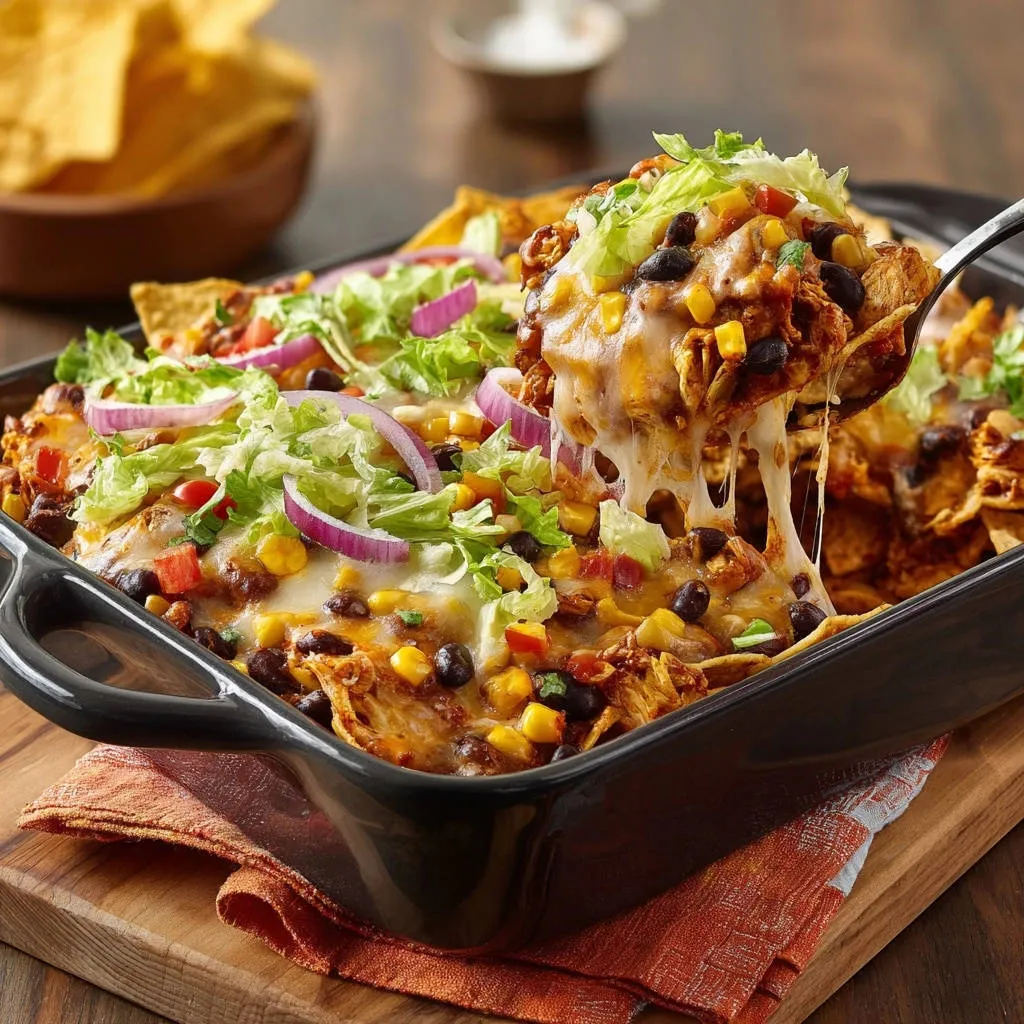 Spicy chicken enchilada casserole shown being lifted with a spoon, revealing gooey melted cheese and toppings.