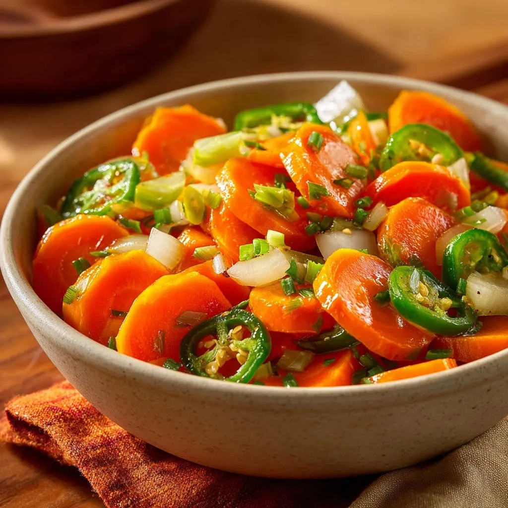 Spicy Jalapeño Marinated Carrots served in a rustic bowl, showcasing sliced carrots, jalapeños, and onions.