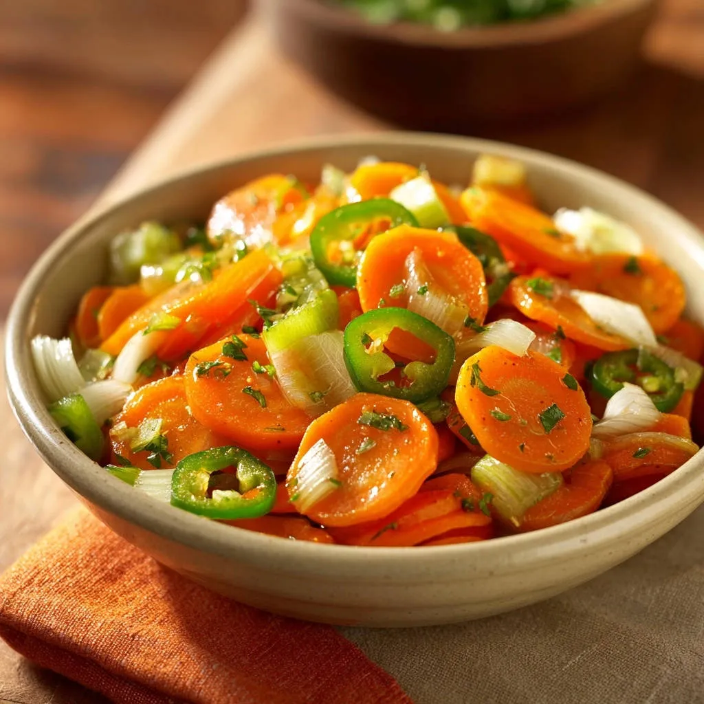 Spicy Jalapeño Marinated Carrots served in a bowl, showcasing sliced carrots, jalapeños, and herbs.