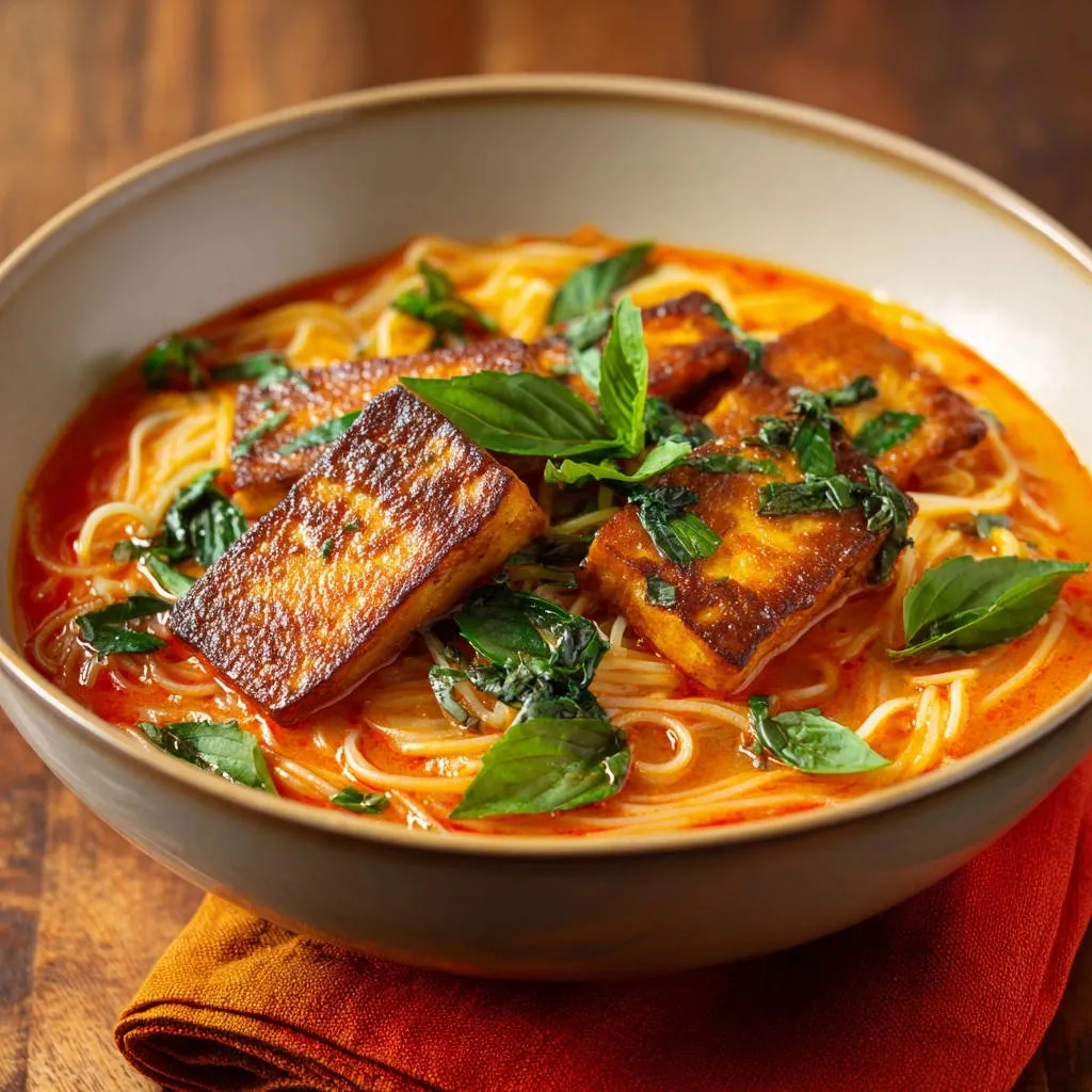 Spicy red curry noodle bowl with crispy tofu and fresh basil, presented in a close-up view.