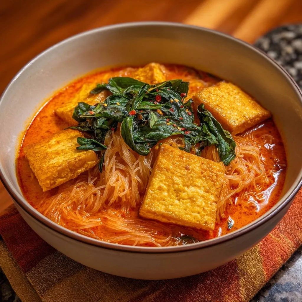 Spicy red curry noodle bowl with crispy tofu and fresh basil, showing a close-up detail of the ingredients.