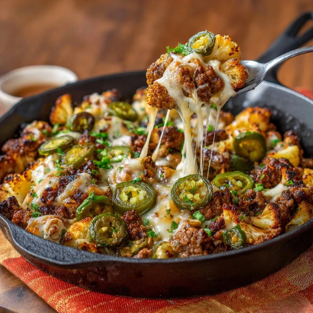 Spicy skillet cauliflower bake with a generous cheese pull from a serving spoon, garnished with jalapeños and cilantro.