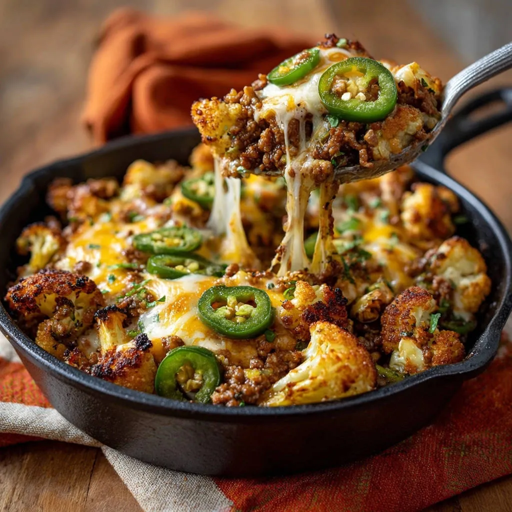 Spicy skillet cauliflower bake with a spoonful showing melted cheese and ground meat, garnished with jalapeños.