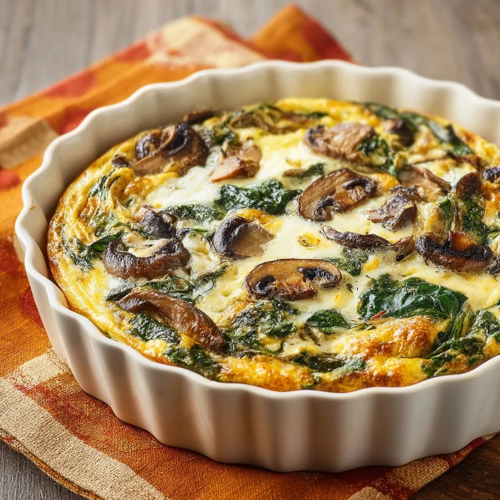 Spinach and mushroom frittata in a white wavy dish, a close-up view showing the fluffy, custardy interior and baked mushrooms.