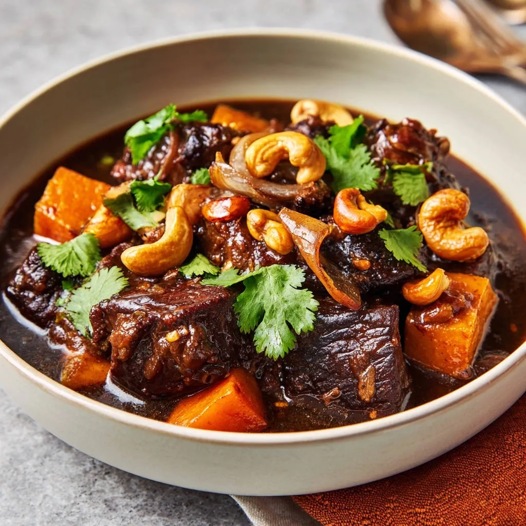 Sticky beef and sweet potato braise served in a bowl, generously garnished with cashews and cilantro.