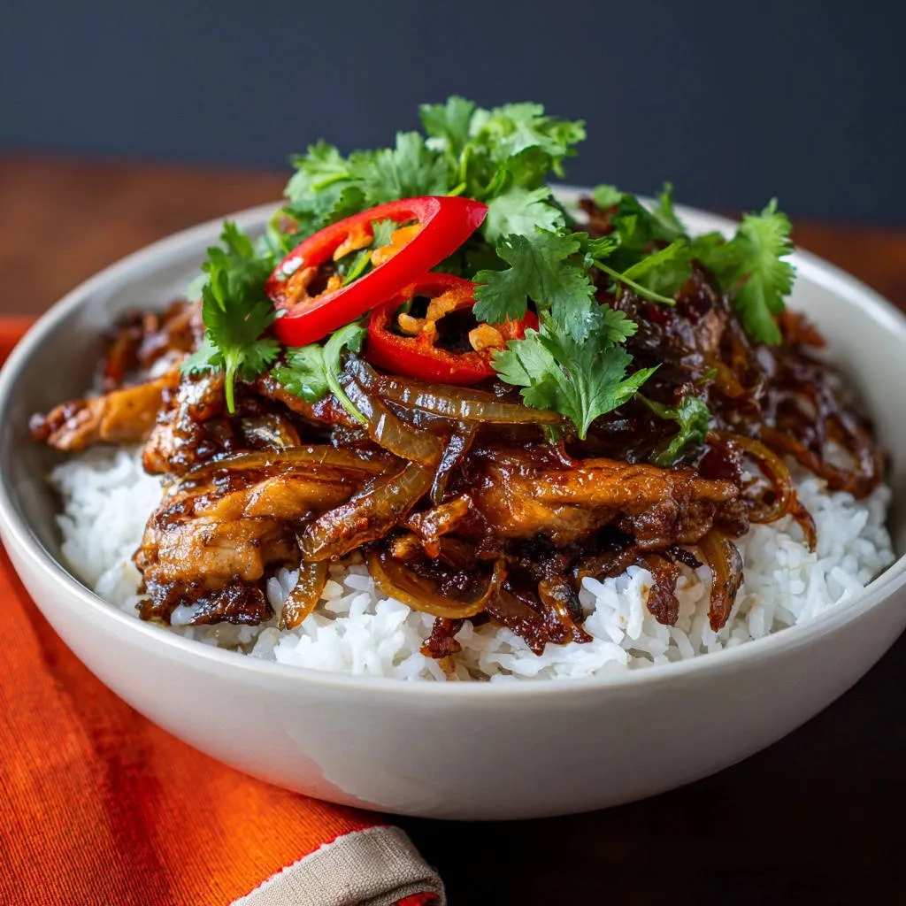 20-Minute Sticky Glazed Chicken Bowl with a close-up view of the glossy chicken, onions, and fresh cilantro garnish.