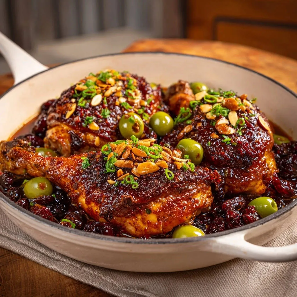 Sticky Moroccan-style chicken with olives and prunes in a skillet, garnished with almonds and scallions.