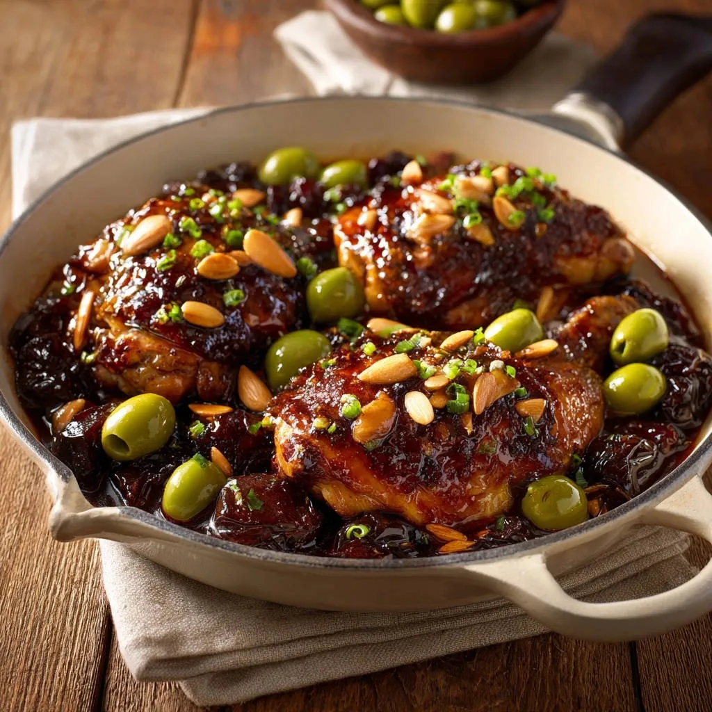 Sticky Moroccan-style chicken with olives and prunes served in a skillet, garnished with almonds and green onions.