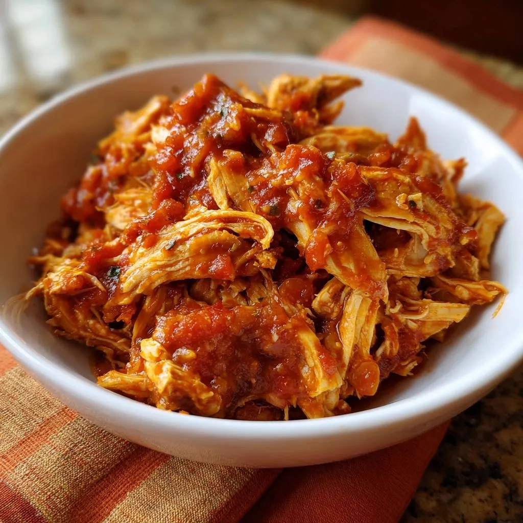 Tender shredded chicken coated in rich tomato sauce served in a white bowl, showcasing its juicy texture.