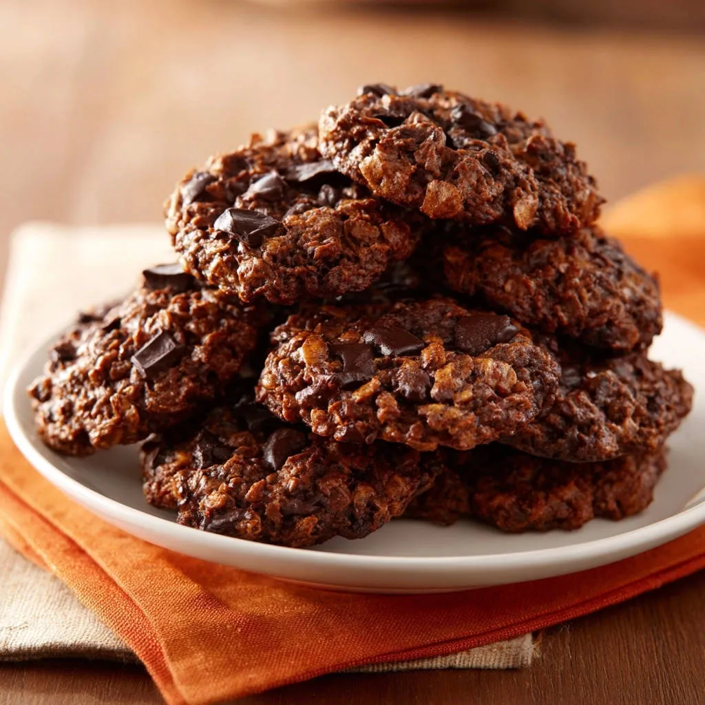 Triple Chocolate Oatmeal Cookies shown in a close-up stack on a white plate with orange napkin.