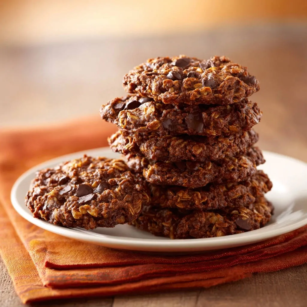 Triple chocolate oatmeal cookies stacked high on a white plate, showcasing their chewy texture and chocolate chips.