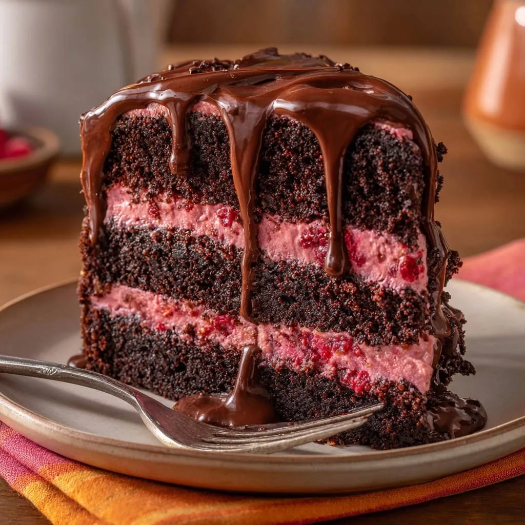Triple layer chocolate raspberry cake cross-section with rich chocolate ganache dripping over the fluffy crumb.