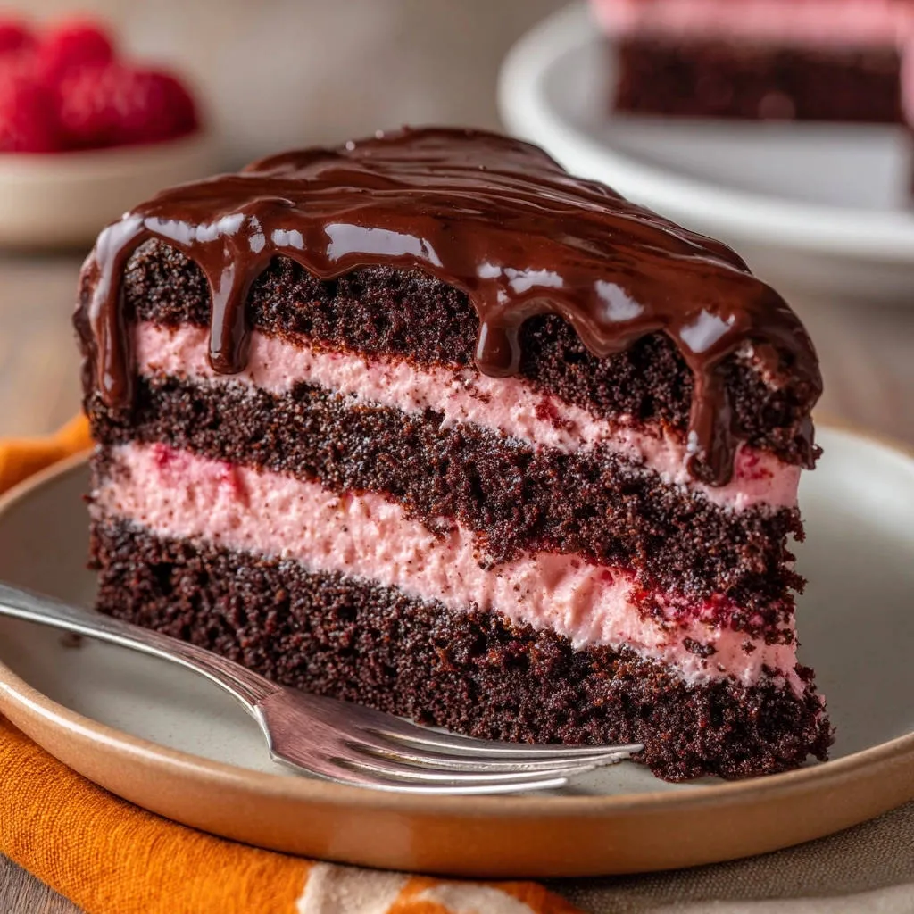 Triple layer chocolate raspberry cake slice showing the fluffy crumb and rich pink filling.