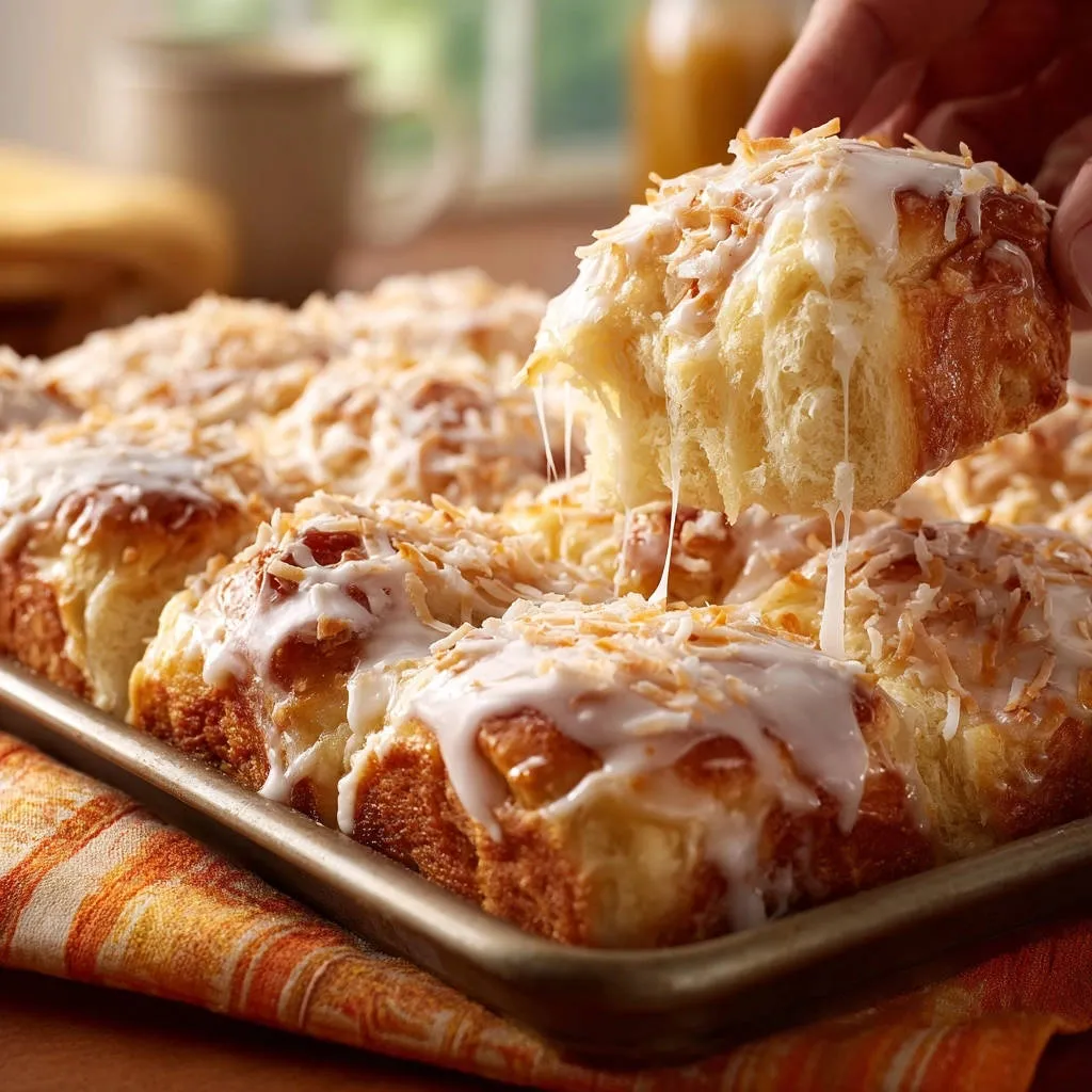 Tropical Coconut Pull-Apart Rolls with a sweet glaze and toasted shredded coconut topping.