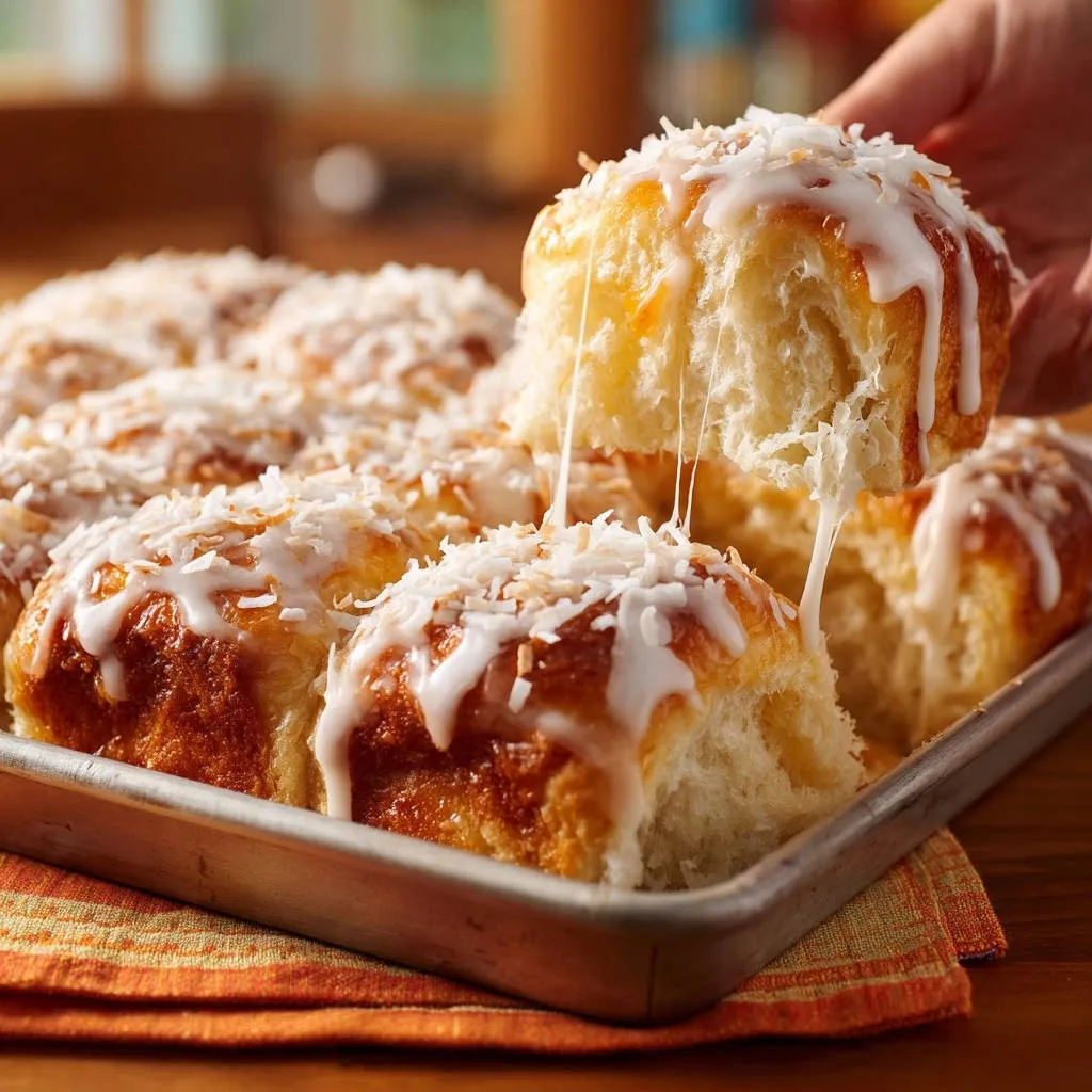 Tropical Coconut Pull-Apart Rolls with a gooey white glaze and shredded coconut, a close-up detail shot.