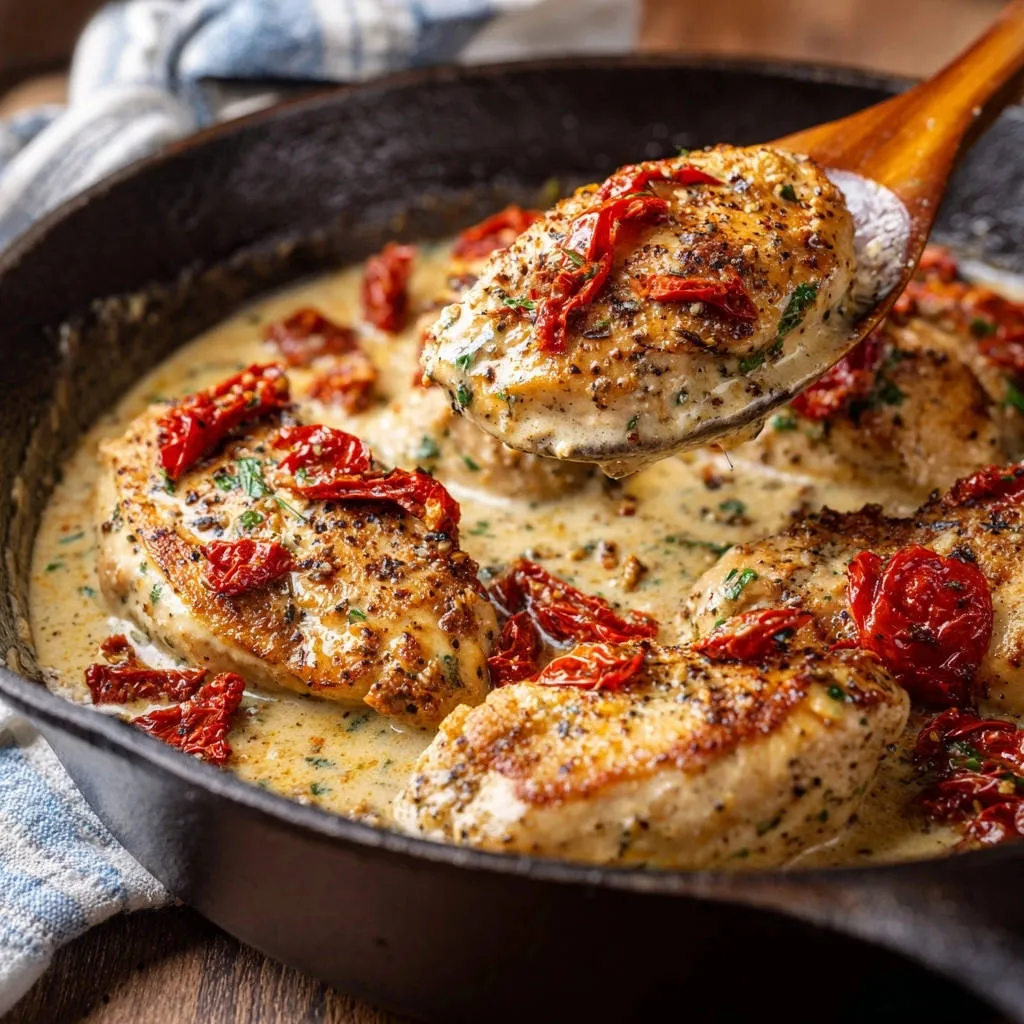 Tuscan creamy chicken being lifted from a cast iron skillet with a wooden spoon, showing the sauce and sun-dried tomatoes.