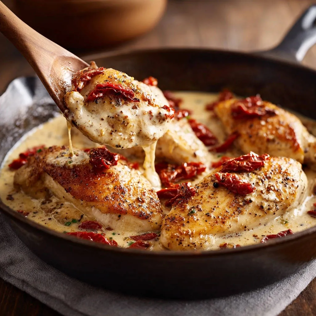 Tuscan creamy chicken with sun-dried tomatoes, a spoonful of sauce revealing its rich texture.