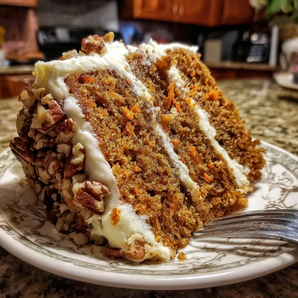 Ultimate moist carrot cake served as a plated slice with a detailed view of the frosting and pecans.