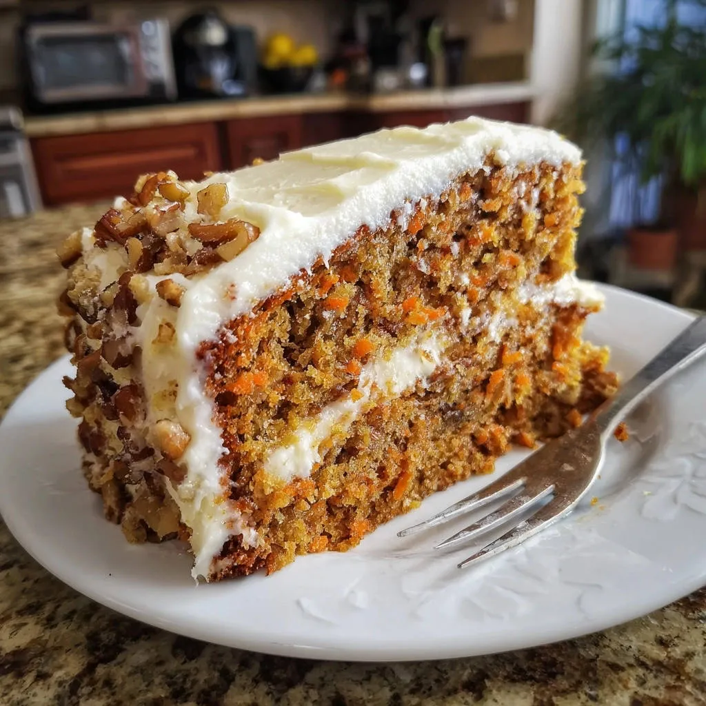 Ultimate moist carrot cake slice showing a detailed cross-section with cream cheese frosting and walnuts.