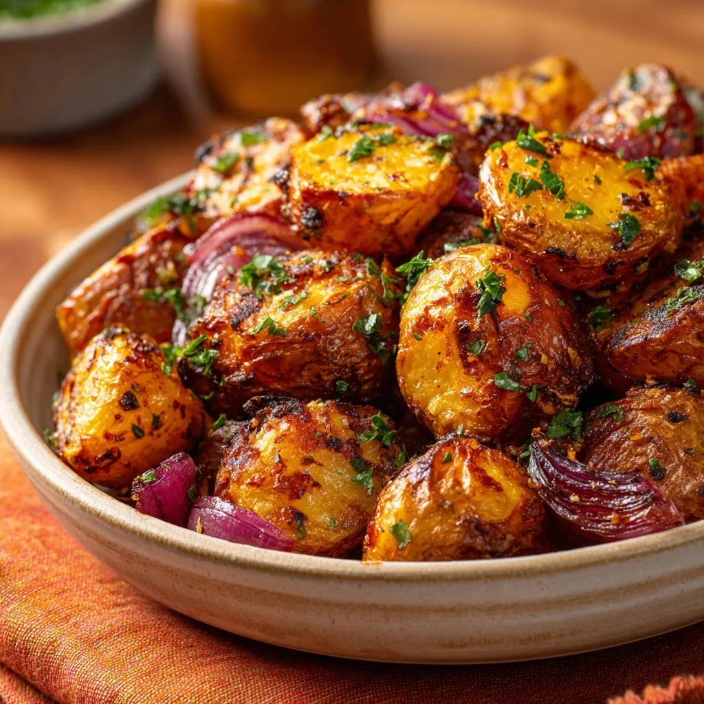 Ultimate roasted potatoes and red onion in a bowl, showcasing a close-up view of the golden-brown, herb-garnished textures.