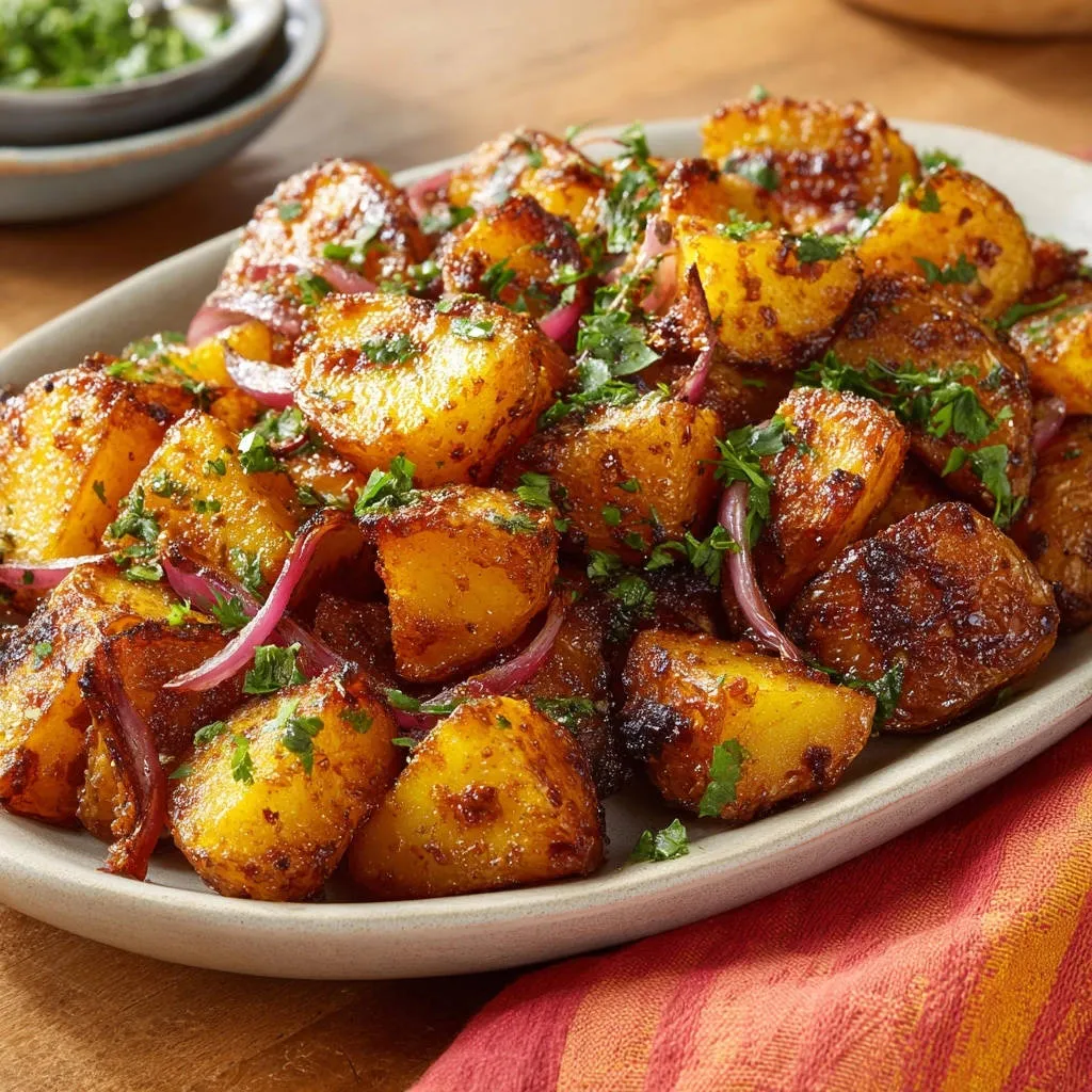 Ultimate roasted potatoes and red onion featuring a close-up view with fresh parsley garnish.