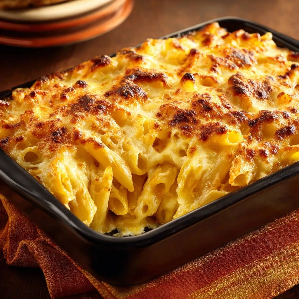 Ultra creamy baked penne casserole with a golden brown, bubbly cheese topping in a black baking dish.