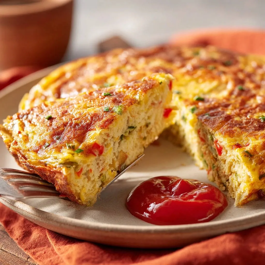Hearty veggie frittata showing a fluffy cross-section slice with red bell peppers and chives.