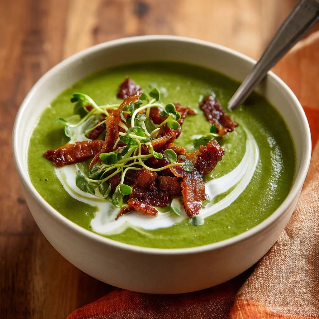 Vibrant green soup with crispy bacon and microgreens garnish, showcasing the creamy texture and savory toppings.