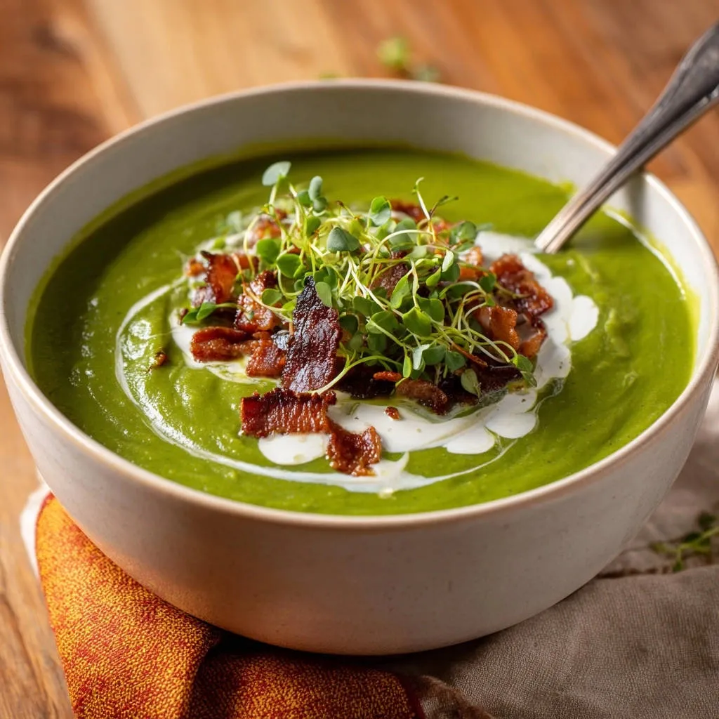 Vibrant green soup with crispy bacon and microgreens garnish, showcasing a creamy swirl and rich texture.