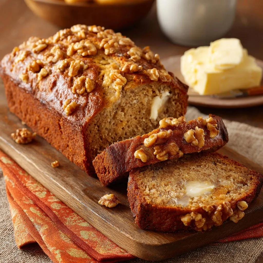 Ultimate Walnut Banana Bread with a pat of butter and walnuts on a slice.