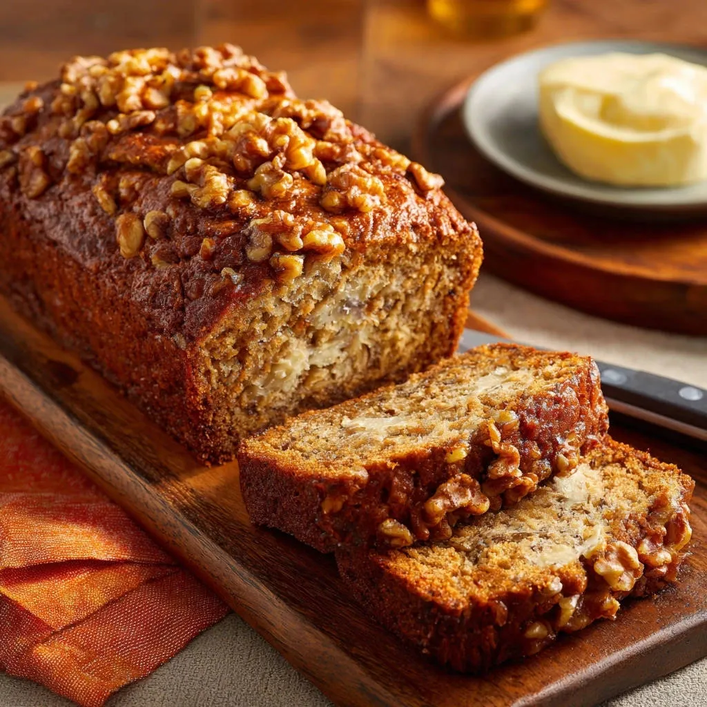 Ultimate Walnut Banana Bread sliced on a wooden board, showcasing its fluffy interior and walnut topping.