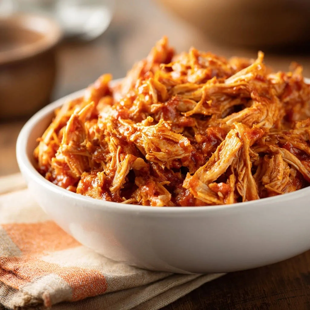 Weeknight shredded chicken in a white bowl, showcasing its tender texture and rich sauce in a close-up view.