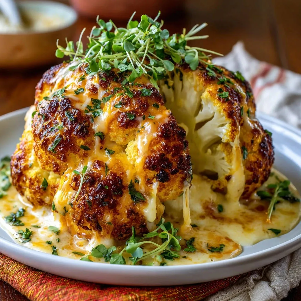 Whole roasted cheesy cauliflower with a rich melted cheese drizzle and fresh microgreens on top.
