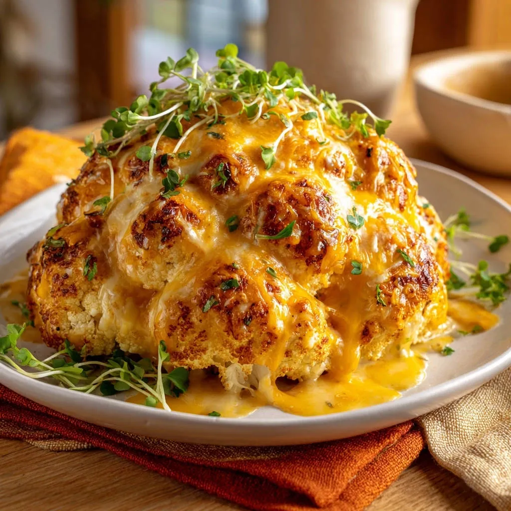 Whole roasted cheesy cauliflower with melted cheese cascading down and fresh microgreen garnish.