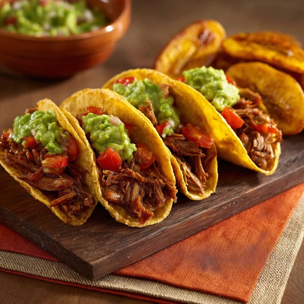 Zesty shredded beef tacos are piled high with fresh guacamole and chopped tomatoes, presented on a wooden board.