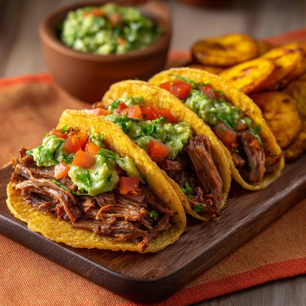 Zesty shredded beef tacos piled high with guacamole and tomatoes, served on a wooden board with plantain chips.