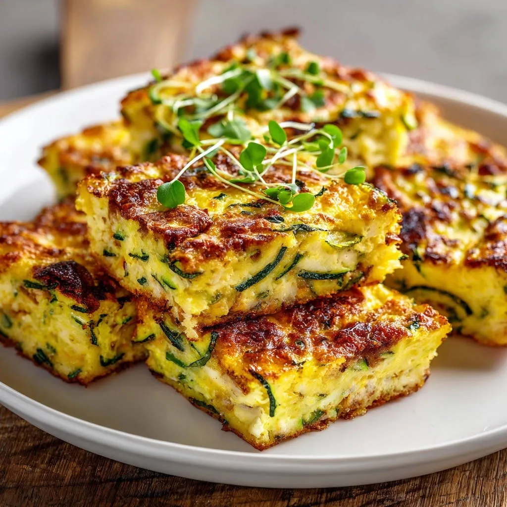 Zucchini and ham egg bake shown in a close-up cross-section, stacked on a white plate with fresh sprouts.