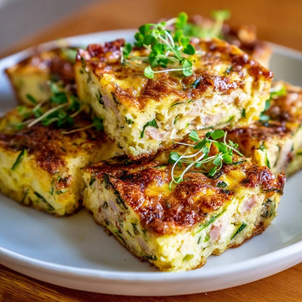 Zucchini and ham egg bake shown in stacked slices, garnished with microgreens on a white plate.