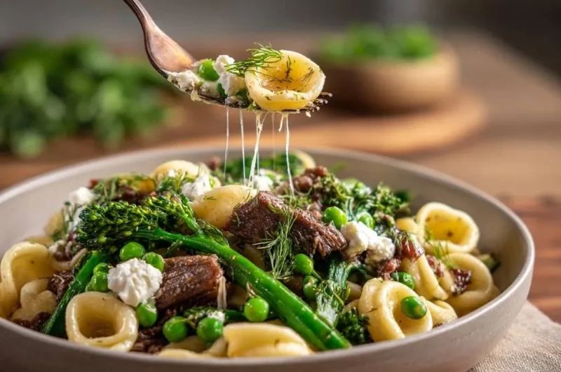 Braised Beef Orecchiette with Broccolini, Peas & Feta