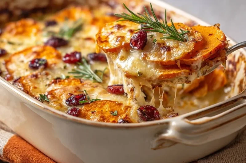 Cheesy Cranberry Sweet Potato Gratin